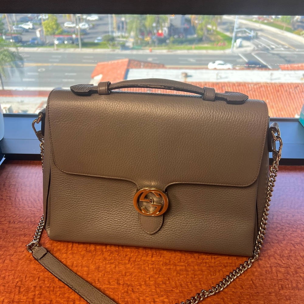 Gucci Gray Leather Top-Handle Tote with Gold GG Emblem